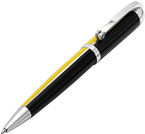 Xezo Visionary Brass and Aluminum Ballpoint Pen, Medium Point. Speed Yellow and Black Lacquer. Numbered in Limited Edition of 500. Classic Art Deco Color Disposition, Retrofuturistic Body Style