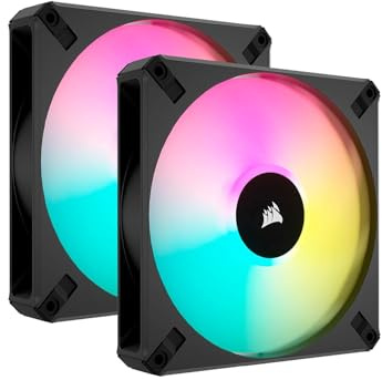 Corsair iCUE AF140 RGB ELITE 140mm PWM Dual Fan Kit - Eight RGB LEDs Per Fan - AirGuide Technology - Fluid Dynamic Bearing - Zero RPM Fan Mode - Included iCUE Lighting Node CORE Controller - Black