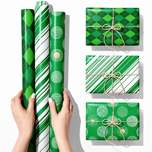 Geschenkpapier Set 3 Rollen grün Hochwertiges Geschenkpapier Geburtstag - 3 Verschiedene Grünes Muster Designs - 43cm x 3 m Pro Rolle