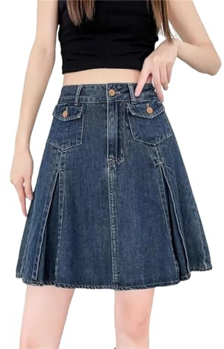 Retro Blue Denim Faltenrock Für Frauen Sommer Hohe Taille A-Linie Mini Kurzer Jeansrock
