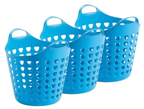Kreher® flexibler Aufbewahrungskorb aus Kunststoff für Wäsche, Spielzeug und vieles mehr! In peppigen Farben mit Belüftungslöchern. 35 Liter Volumen, mit zwei großen Henkeln. (3er Set in Blau)