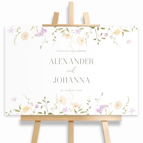 HEI Print Willkommensschild Hochzeit mit Blumen, mit Datum und Namen, personalisierte Hochzeitsdeko, Willkommen Schild, Floral, Blumendesign, Leinwand, 60x40