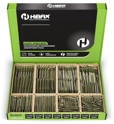 Heifix 400-Piece Wood Screw Assortment Set in Eco Storage Box - FREE Screw Bit Included - Double Countersunk, Pozi, Yellow Zinc, Heavy Duty - For DIY, Floorboard, Wood Fences