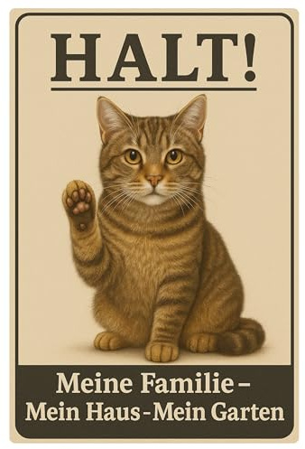 AstraDesign Blechschild „Halt! Katze“ 20x30 cm, Beige/Braun – wetterfest, rostfrei, vorgebohrte Löcher – Warn- & Deko-Metallschild mit Katze – Lustiges Schild für Haus, Garten & Zaun
