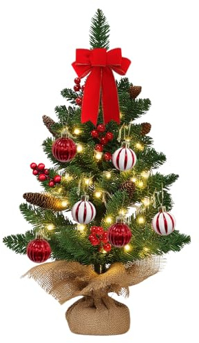 Arbol Navidad Pequeño Artificial 60cm, LED Arbolito de Navidad Pequeño con 20 Luces Integradas y 6 Bolas Navideñas,árbol de Navidad para Mesa,Cocina, Salón, Dormitorio y Oficina.
