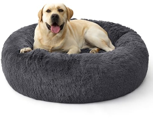 Bedsure Calming Dog Bed for Extra Large Dogs - 45in Donut Washable Large Pet Bed, Anti-Slip ＆Removable Cover,420GSM Round Anti-Anxiety Fluffy Plush Faux Fur, Fits up to 100lbs Pets,Plus Version