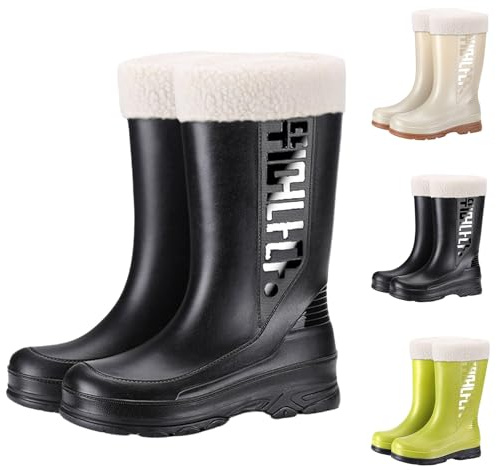 Fleece Lined Womens Ankle Wellies Warm Lined Garden Boots Women Waterproof Rain Boots Rubber Water Shoes for Farm Fishing Faux Fur Lined Wellington Boot Ideal for Wide Calves and Feet Black