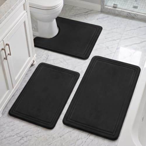 NAKIHOUSE Badezimmerteppich Set 3 Teilig (40x60 cm + 50x80 cm + 50x60 cm) | 2 cm Dicker Memory-Schaum Badematte, Rutschfest, Saugstark & Waschbar, Weiche Badezimmergarnitur in Schwarz