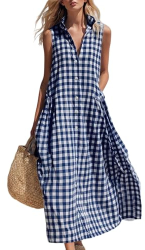 Robe chemise à carreaux vichy sans manches pour femme, coupe ample, en lin et coton, avec poches, robe d'été décontractée, pour l'été, les vacances, la plage, robe longue fluide pour femme