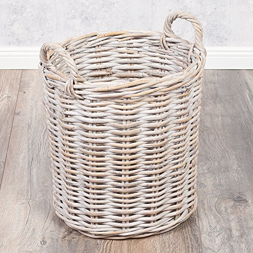 Rattankorb BAKUL rund White 30cm Durchmesser mit Griffen Pflanzkorb Inlay Aufbewahrungskorb Korb