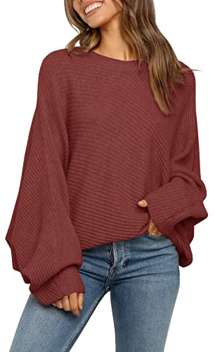 Mafulus Women's Oversized Crewneck Sweater Batwing Puff Long Sleeve Cable Slouchy Pullover Jumper Tops