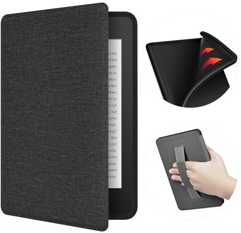 ERUNTO-fodral för Kindle Paperwhite/Signature 6,8 – Slitstarkt TPU-omslag med bekväm tygtextur, handrem på baksidan och magnetiskt lock med automatisk väck/sömn-funktion(Svart)