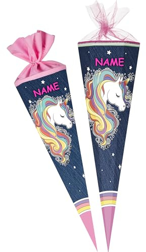 alles-meine.de GmbH Schultüte - Einhorn - Regenbogen Mähne 70-100 cm Größe wählbar inkl. Name - Zuckertüte - Tüllabschluß/Filzabschluß - eckig/rund - Mädchen - klein ..