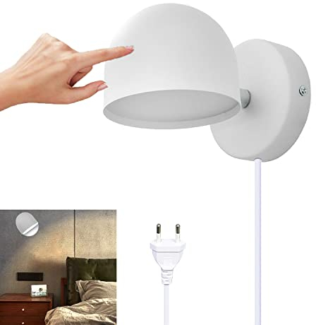 Lampada da Parete Interno con Spina, LED 9W Applique da Parete Touch Control Dimmerabile, Girevole a 350° Lampada da Comodino, 3000K Bianco Caldo Regolabile Luce Lettura per Camera da Letto,Bianca