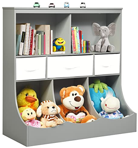 COSTWAY Kinderregal, Spielzeugregal mit 5 Fächern und 3 Schubladen, Bücherregal für Kinder, Aufbewahrungsregal, Spielzeug Organizer für Kinderzimmer und Spielzimmer, 93 x 40 x 94 cm, Grau