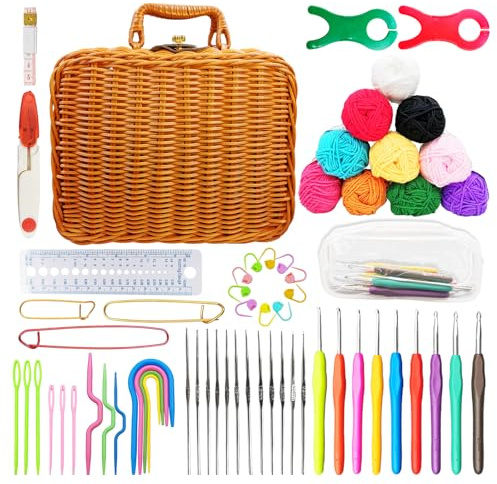 SNAIL GARDEN 64 PCS Crochet Set with Portable Rattan Retro Case,Thick Soft Cotton Yarn Crochet Starter Kit in 10 Colors,0.6mm to 6mm Metal Crochet Hooks Kit,DIY Crochet Kits for Beginners Adults