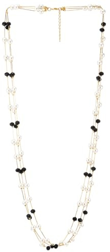 COOLSTEELANDBEYOND Damen Lange Perlen Halskette, Schwarz und Weiß Perle, Statement Halskette Drei Stränge Gold Kette
