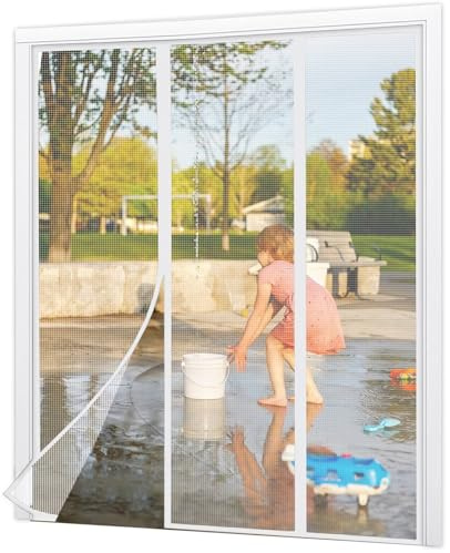 Mosquitera magnética para puertas, 270x255cm Blanco Cortina de puerta antimosquitos antiinsectos de dos lados abiertos, Mosquitera corrediza para ventana salediza, sin perforación