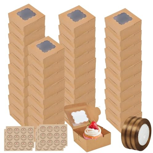 50 Pack Cake Boxes for Cake Portion Brown Cupcake Boxes with 60 Stickersxes | 3 Rolls of Ribbon, 4 inch Cupcake Boxes with Windows for Cupcakes Desserts Pastries Cookies Candy Pies