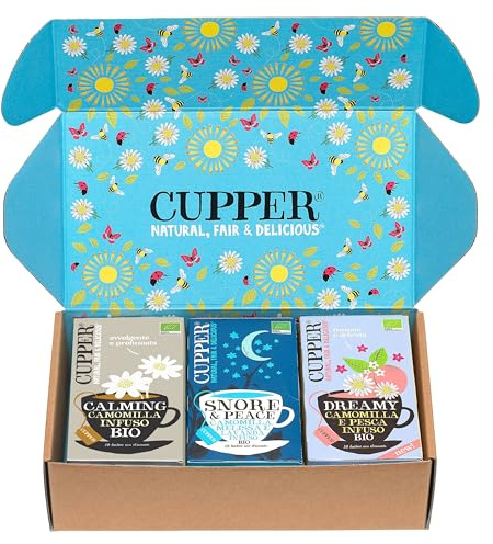 CUPPER Cofanetto Mix di Camomille Biologiche, Camomilla e Pesca, Snore&Peace e Camomilla Classica, Assortimento di Tisane con Filtri 100% Biodegradabili, Confezione da 60 bustine