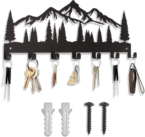 Schlüsselbrett Modern Wand aus Metall, Schlüsselhaken Board Aufhänger, Dekoratives Schlüsselhalter mit 7 Haken, Schlüssel Organizer für Flur Eingang Haustür Wandmontage 30×13 cm, Berg & Kiefern Design