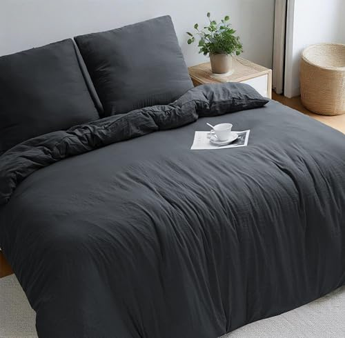 HIG Parure de Lit 4 Pièces 200x220 cm - Housse de Couette, Drap Housse 160x200, 2 Taies 80x80 - Microfibre Pré-Lavée Oeko-TEX - Gris Foncé