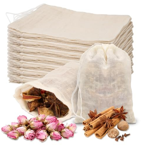 60 Pcs Empty Spice Bags for Cooking Soup, 3x4 Inch Unbleached Cotton Muslin Drawstring Bags, Reusable Tea Filter Bags for Loose Leaf Tea, Herbs, Spices, Cold Brew Coffee, Cheesecloth