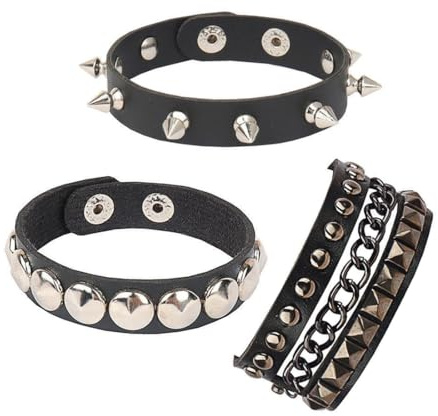 YAZWUR Lot de 3 Bracelets Unisexes Punk à Clous, Manchette Gothique Ajustable pour Halloween, Noël, Fête à Thème, Concert