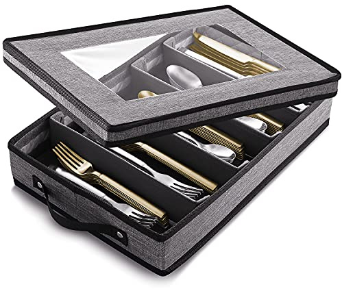Flatware & Utensil Storage, Durable Silverware Storage Box with Padded Dividers, 5 Compartment Flatware Storage Case, Silverware Case with Handles and Removable Lid - Protects and Organizes Cutlery