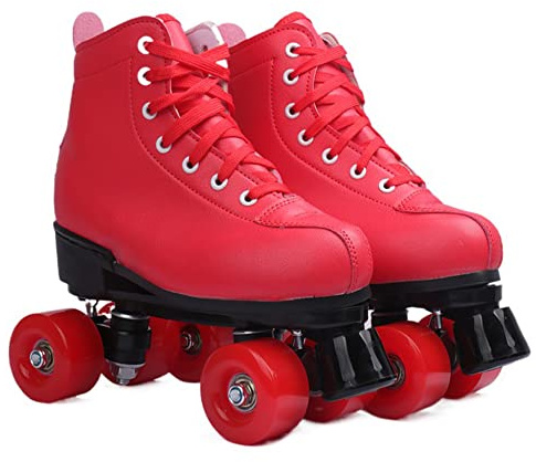 XVBVS Patines de Ruedas para Mujer, Patines Paralelos Rojos de Doble Fila de Moda, Patines Cuádruples Altos de Cuero de PU para Interiores y Exteriores para Adultos, Niños, Damas, Niñas (37,Rojo)
