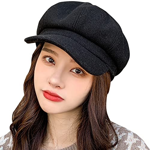 WANYI Damen Baskenmütze Wolle Verdicken Barett Cap Bakerboy Schirmmütze Ballonmütze Weicher Schildmütze Wintermütze Kappe Barette Maler Mütze für Herbst/Winter Einfarbig (57 Schwarz)