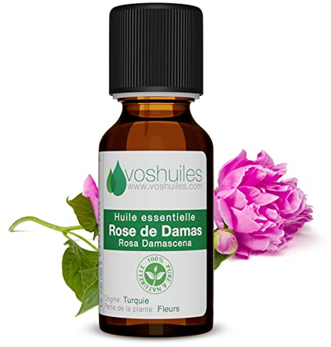 VOSHUILES - Huile Essentielle de Rose de Damas - 1ml - Distillation de Pétales Frais - Flacon Ambré avec Bouchon Sécurité - Compte-Gouttes de Haute Précision