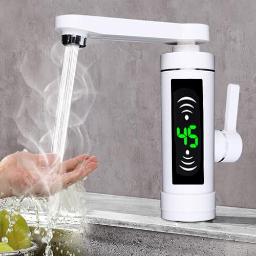 Elektrisch Wasserhahn 3KW mit LED Temperaturanzeige Elektrische Heizung Wasserhahn für Haushaltsküchen Badezimmer (weiß)