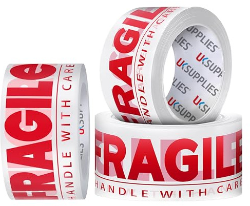 UK SUPPLIES LIMITED 3 Rolls LOW NOISE Premium Fragile Handle With Care Packaging Tape (All Pack Sizes) 48MM X 66M Strong Secure Sticky Durable Parcel Sealing Tape for Packing Boxes & Moving Houses
