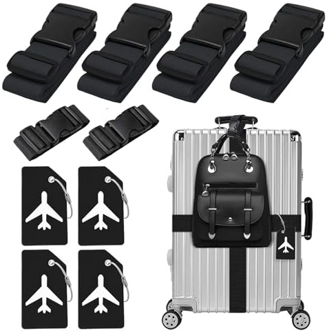 4 stycken bagageluckor & 4 stycken bagagelapp & 2 stycken lägg till en väska bagageremmar, bagageband, justerbara bagageband, slående bagagelapp för resväska (svart)
