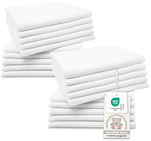 ZOLLNER 20er Set Musselin Spucktücher in 70x70 cm aus Baumwolle - hautfreundliche Mulltücher - besonders weich und extrem saugstark - waschbar bis 95°C - in weiß