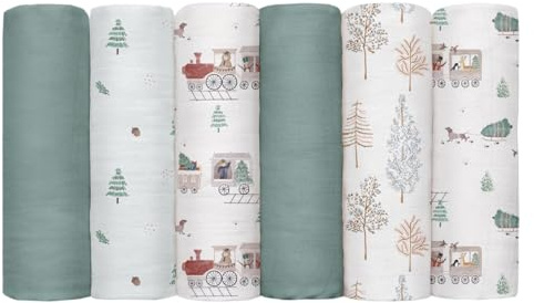 GLLQUEN BABY Receiving Blanket Boy Cotton Muslin Swaddle Blankets Girl Newborn Squares Breathable & Soft Thin Baby Blankets Cloths Double Absorbent Infant Swaddling Wrap - 6 Pack (Pine Tree & Train)