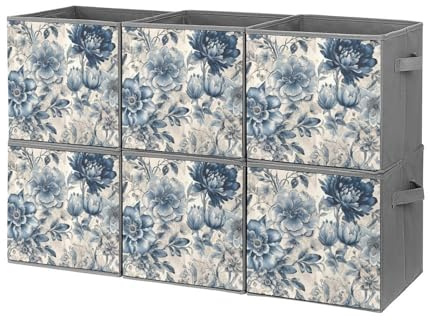 QMKFWT Aufbewahrungsbehälter mit Blumenmuster, großes Fassungsvermögen, Aufbewahrungsbox, Schrank-Organizer-System, zusammenklappbar, mit Griffen, für Zuhause, Büro, 6 Stück