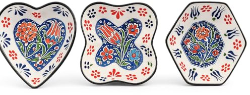 JRose Collections Juego de 3 cuencos de cerámica – Corazón, forma cuadrada y hexagonal – Platos florales pintados a mano para salsas, aceitunas, nueces, condimentos – T3