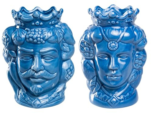 Teste di Moro Coppia Re e Regina Caltagirone Grandi 16X25 cm, Stile Ceramiche Siciliane, Vaso Testa di Moro in Ceramica