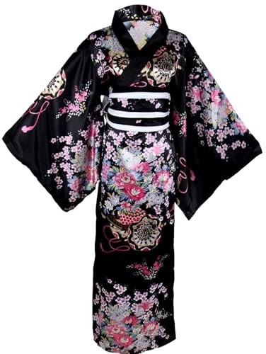 Kimono giapponese, Yukata da donna con motivo floreale Kimono giapponese setoso, confortevole e delicato sulla pelle con cintura Abiti tradizionali in fiore di Kyoto per feste, cosplay, oggetti di sc