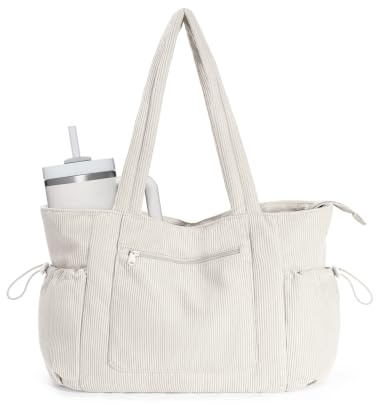 ECOHUB Bolsa Tote Bag Mujer Grande Bolsos Mujer Pana, Bolso Ordenador Portátil de 15,6 Pulgadas con Acolchado Compartimento, 8 Bolsillos, Bolso Shopper para Universidad Trabajo, Beige