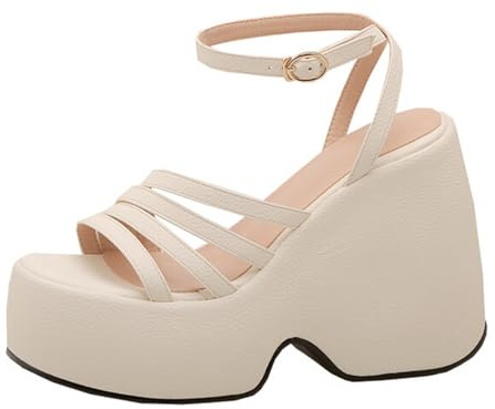 Plattformssandaler 12,5 cm dam tjock klack justerbar rem öppen tå klänningsklackar för nattutflykt och rena sommarfester, Beige färg, 37 EU