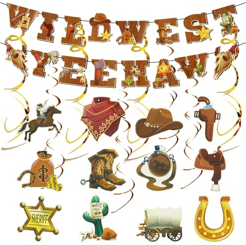 Cowboy-Party-Dekorationen, Western-Motto-Party-Dekorationen, Wilder Westen-Party-Dekorationen, Cowboy-Banner, hängende Wirbel, Country-Western-Party-Dekoration, Zubehör für Cowboy-Geburtstag, Braun
