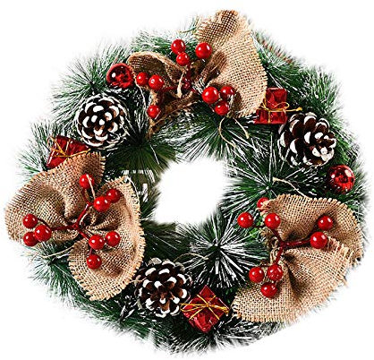 Guirnalda de Navidad en la Puerta Principal, Colgante Ornamento Puerta, Corona Hogar y Fiesta Decoración día de Gracias Corona Adorno de Pared para Navideñas Nudo de Navidad Copo de Nieve 32 CM