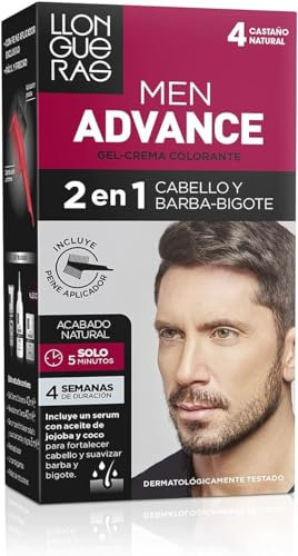 Llongueras – Men Advance, Gel Crema Colorante 2 en 1, para Cabello y Barba-Bigote, con Aceite de Jojoba, Coloración Masculina, Nutre e Hidrata, Acabado Natural en 5 Minutos, Tono 4, Castaño Natural
