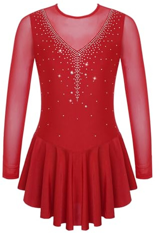 MSemis Vestito da Pattinaggio Artistico Bambina con Strass - Maniche Lunghe, Danza Classica, Patchwork - Abito da Ballo per Pattinatrice Ballerina - Borgogna H 13-14 Anni