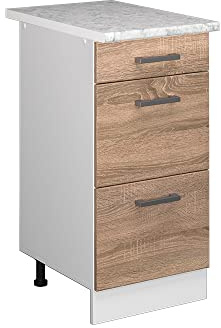 Vicco Küchenunterschrank R-Line, Sonoma, 40 cm | 3 Schubladen · AP Marmor inkl. · Höhenverstellbare Füße · ✓ Leichter Zugriff · ✓ Frei kombinierbar