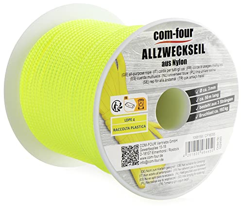 com-four® Paracord Schnur Ø 3mm, 50m - Seil mit 3 Kern Strängen für Boot, Camping, Outdoor - Nylonseil mit 192kg Tragkraft - Zeltseil, Abspannseil, Allzweckseil