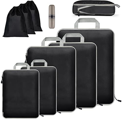 Eucomir Koffer Organizer Set 9Pcs,Packing Cubes Wasserdichte Reise Kleidertaschen,Verpackungswürfel,Erweiterbare Packtaschen,Gepäck Organizer für Reisen oder Zuhause, Schwarz